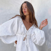Cotton Linen White Lantern Sleeve V neck Top Shorts Two Piece Set